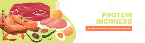 Promotion design of healthy eating, natural sources of protein. Template of advertising banner with organic food, grocery products. Fresh meat, salmon, fish, eggs on layout. Flat vector illustration.
