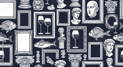 Vintage art collage of sculptures, fish, and wine glasses on dark background