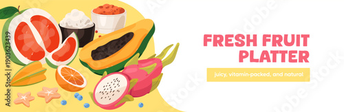 Design of advertising banner with fresh fruit and berries. Template with natural sources of vitamins. Promotion layout with healthy food, eating and organic grocery products. Flat vector illustration.