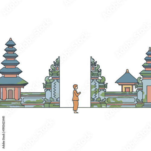 Vector illustration of person praying at traditional Balinese temple gate