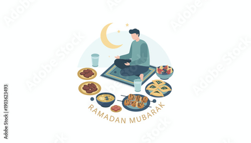 Man sitting on prayer mat surrounded by food and drinks during Ramadan celebration under crescent moon