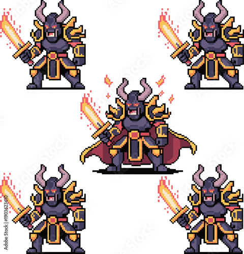 Pixel art dark knight warriors, retro fantasy game characters, armored fighters with flaming swords, boss leader sprite, medieval battle illustration