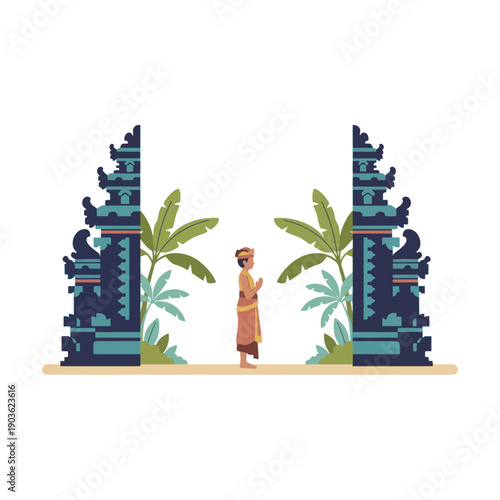 Balinese man in traditional costume at temple gate illustration