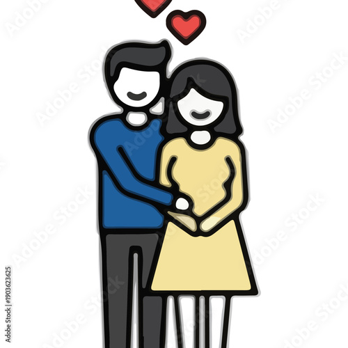 Happy young couple in love hugging with red hearts