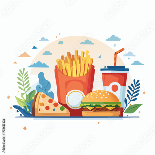 Fast Food Feast A Colorful Illustration of Pizza, Burger, Fries, and Soda