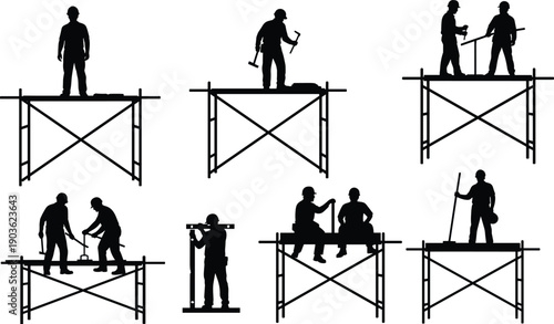 Construction workers silhouette collection, builders working on scaffolding platforms, industrial labor 