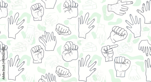 Pattern of hands showing various gestures and sign language.