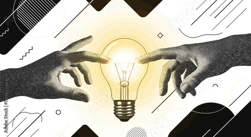 Two hands reaching towards a glowing light bulb, symbolizing innovation.