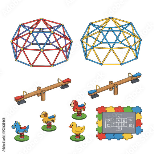 Colorful Playground Equipment Vector Set with Climbing Domes, Seesaws, Spring Riders, and Hopscotch isolated PNG with Transparent Background