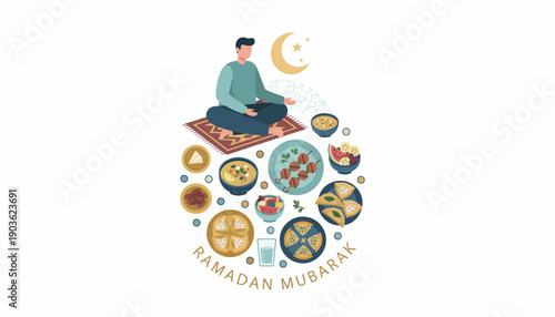 A man meditates surrounded by culinary delights under a crescent moon, celebrating Ramadan in a serene illustration.