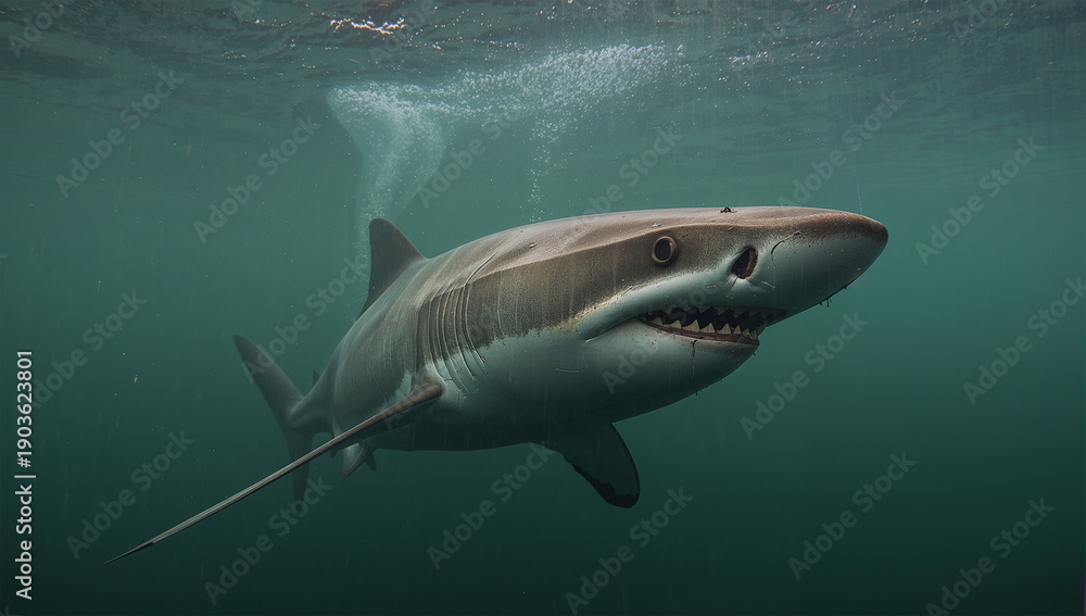 Fototapeta premium 嵐前の濁り潮で上昇するサメと翳る水面模様を描く