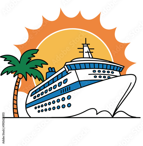 Cruise ship vacation illustration, tropical travel concept with sun and palm tree, summer holiday tourism design graphic
