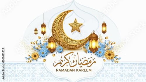 Golden Crescent Moon and Lanterns Celebrating Ramadan in an Ornate Setting