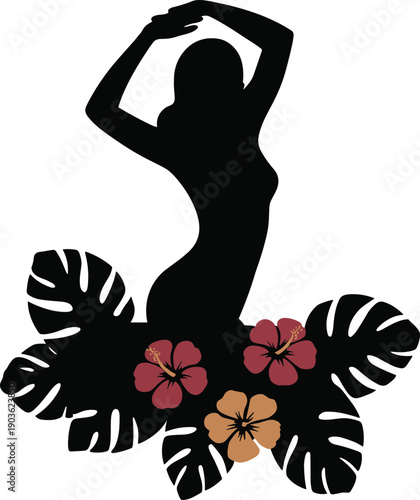 Black silhouette of a woman dancing with tropical leaves and hibiscus flowers