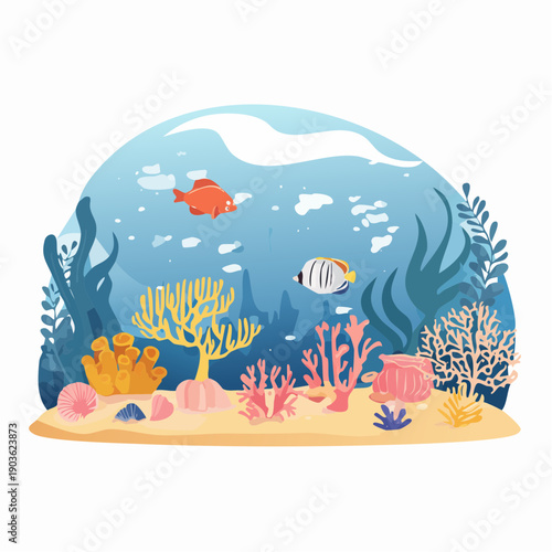 Underwater coral reef scene with diverse marine life and vibrant coral formations
