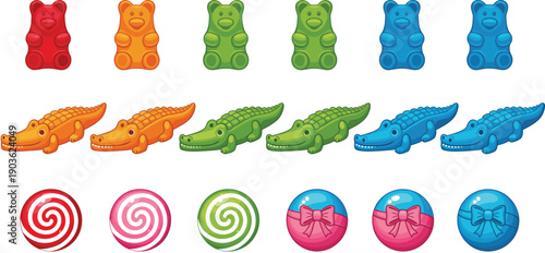 Colorful Candy and Gummy Sweet Illustration Set with Gummy Bears Crocodile Gummies and Lollipops for Kids Treat Packaging Designs