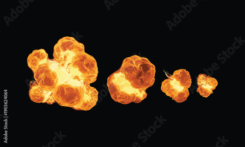 Animated fiery explosion stages isolated on black background, realistic fireball blast sequence for games, films, motion graphics, visual effects
