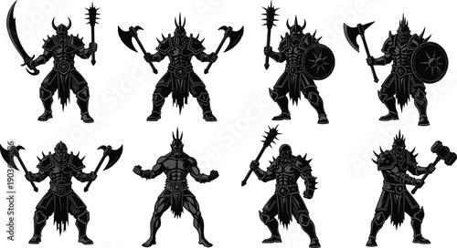 Dark warrior silhouette set, fantasy barbarian fighters, medieval weapons, battle poses, black vector illustration collection