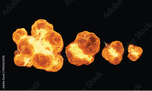 Fiery explosion sequence isolated on black background, realistic fireball blast animation elements for action, destruction, cinematic visual effects design graphics