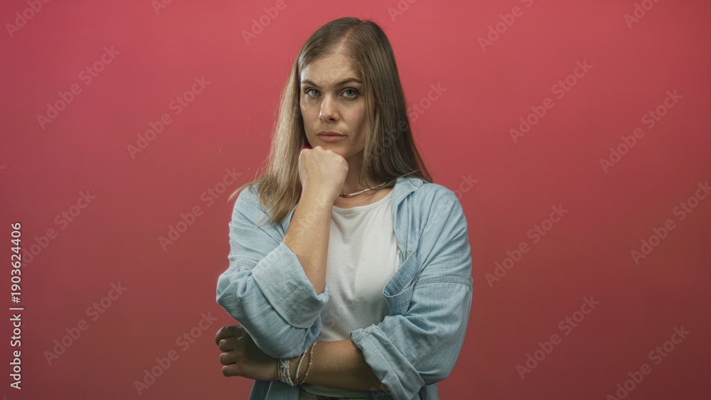 Fototapeta premium Woman holding chin with hand in red studio wearing denim shirt and white top, serious gaze at camera; doubt reflection.