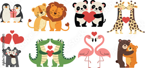 Cute animal couples illustration with hearts, pandas penguins lions bears crocodiles flamingos giraffe, love theme, cartoon style, flat vector set