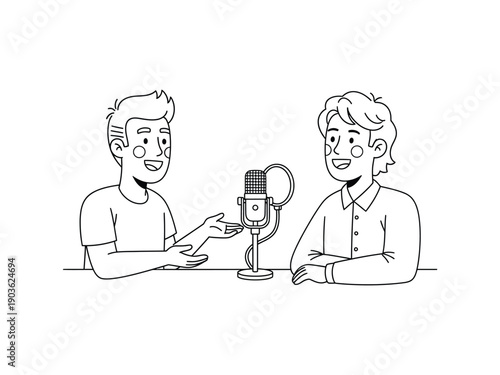 Two cheerful friends talking into shared microphone for podcast recording simple line art