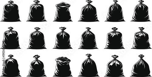 Garbage bag silhouette collection, black trash sacks set, waste management icons, plastic refuse bags, recycling and cleanup concept, vector illustration, isolated white background