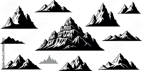 Black silhouette collection of mountain peaks and ridges for wilderness, travel and outdoor landscape design isolated on white background