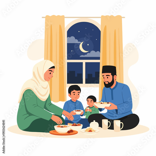 Happy Muslim Family Breaking Fast Together During Holy Month of Ramadan at Home, Enjoying Traditional Iftar Meal in a Warm and Cozy Evening Setting
