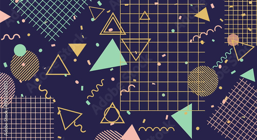 Retro 80s memphis style geometric pattern with triangles circles grids and squiggles on dark background vibrant memphis