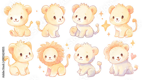 Cute Pastel Lion Cub Character Set