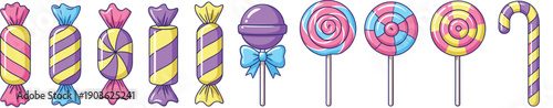 Colorful Candy and Lollipop Icon Set with Sweet Wrapped Treats Spiral Pops and Candy Cane Shapes for Party and Dessert Designs