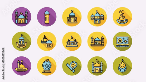 Collection of architectural icons representing various cultural landmarks and symbols in a grid layout