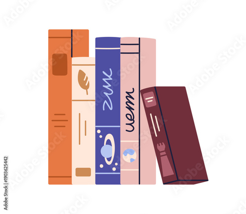 Books in row. Academic textbooks, fiction and nonfiction science literature, encyclopedias standing in line with spines. Education, and reading. Flat vector illustration isolated on white background.