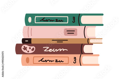 Book stack lying. Fiction literature, novels and education textbooks, volumes with cover spines for reading, study. Knowledge, grammar, learning. Flat vector illustration isolated on white background.