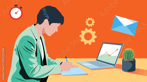 businessman working on laptop at desk illustration, productivity remote work and office management concept, modern flat design isolated background