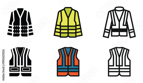 Safety vest icon set, High visibility work wear jacket symbols.