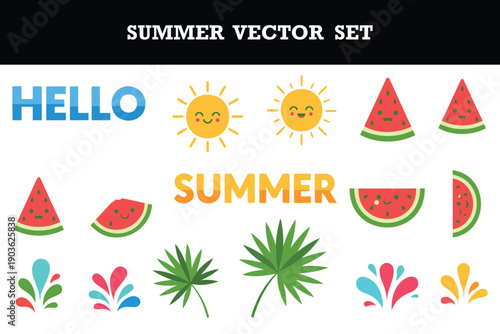Bright and cheerful summer vector illustration set featuring watermelon slices smiling suns and tropical leaves perfect for designs