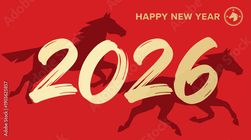 Vibrant 2026 New Year banner featuring galloping horse silhouettes on a red festive background, ideal for Chinese New Year celebrations and seasonal greetings.