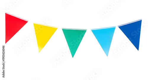 Cheerful and vibrant string of colorful triangular bunting flags, perfect for festive celebrations, joyful parties, and bright event decorations against a crisp white background Free Download Cheerful and vibrant string of colorful triangular bunting flags, perfect for festive celebrations, joyful parties, and bright event decorations against a crisp white background - GFXLoad
