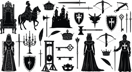 Medieval fantasy silhouette collection, royal symbols, knights, queens, castles, weapons, crowns, shields, gothic elements, black vector illustration set