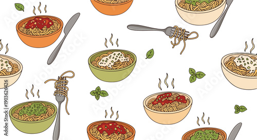 Culinary Symphony: A vibrant array of bowls brimming with delectable pasta and fresh basil, ready for a feast, presented on a light background.