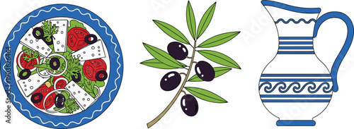 Greek Salad with Feta Cheese Olives and Olive Oil Branch in Traditional Blue Ceramic Pitcher Mediterranean Cuisine Vector Illustration Set