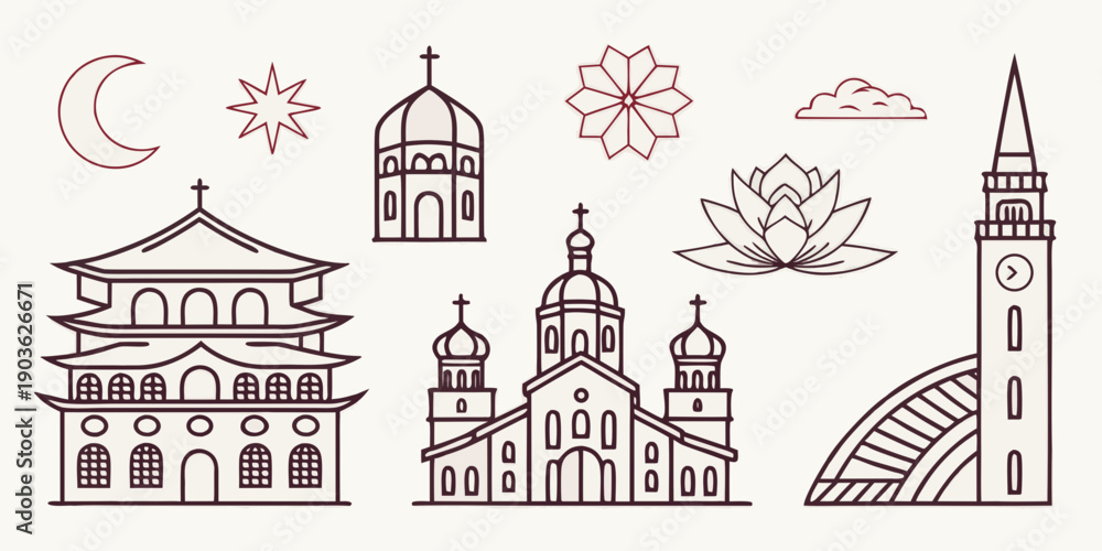 Fototapeta premium A collection of various architectural structures and symbols from different cultures