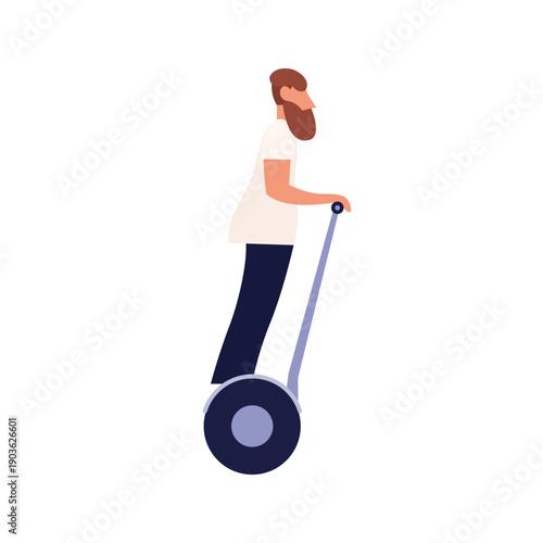 Modern bearded man riding, driving electric self balancing gyroscope two wheeled vehicle, scooter. Young people use eco friendly transport. Flat vector cartoon illustration isolated on white.