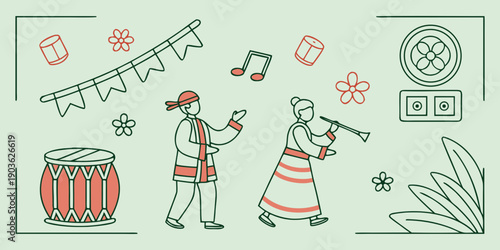 A lively scene of a band performing with various instruments and decorations