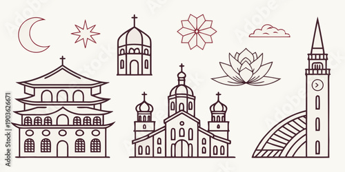A collection of various architectural structures and symbols from different cultures