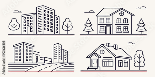 Illustration of various types of houses and buildings with trees in the background