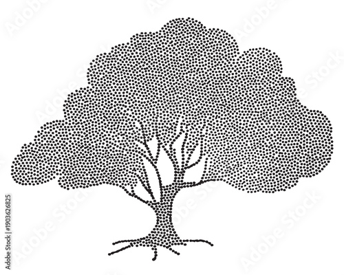 Abstract silhouette of dense tree canopy created entirely using dark small dots illustrating organic nature shape in transparent background
