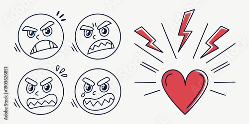 Angry faces with a heart and lightning bolts in the middle